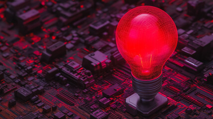 Poster - A red light bulb is on top of a black computer chip. The light bulb is glowing brightly, and the computer chip is surrounded by a dark background. Concept of technology and innovation