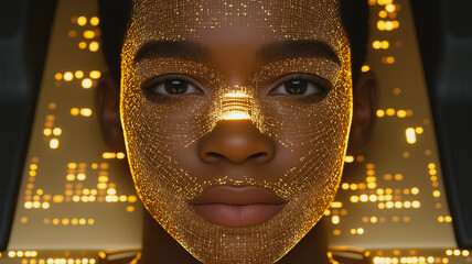 Poster - A woman's face is covered in gold and silver lines. And the woman's expression is serious. The gold and silver lines give the face a futuristic