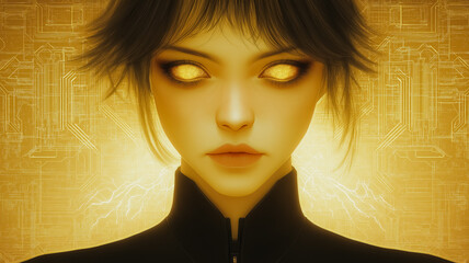 Poster - A woman with yellow eyes and a gold face. The woman is wearing a black outfit and is surrounded by a yellow background