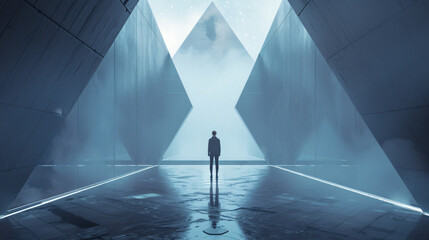Poster - A futuristic scene depicting a lone figure standing in a geometric corridor with large triangular structures, illuminated by soft blue light for science fiction.