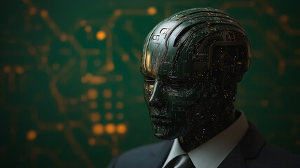 Poster - A man in a suit with a tie and a face made of electronic components. The image conveys a futuristic and technological mood