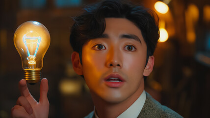 Poster - a man holding a light bulb in his hand. the light bulb is glowing and the man is looking at it