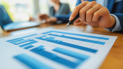 Poster - A person is pointing at a blue and white graph on a table. The graph is filled with blue and white bars, and the person is using a pen to draw a line through the graph