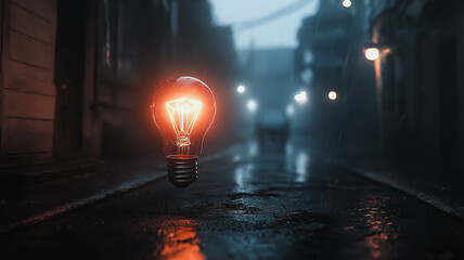 Poster - A light bulb is floating in the rain on a city street. Concept of mystery and intrigue, as the light bulb seems to be out of place in the urban environment. The rain adds to the mood