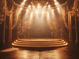 Poster - A stage with spotlights and gold glitter falling, perfect for award ceremonies, concerts, or product launches.