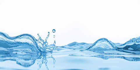 Poster - Close-up of water splashes creating droplets and waves against a white background, illustrating the beauty of nature for science.