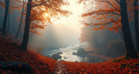 Poster - A serene autumn forest scene with golden leaves and a gentle stream illuminated by soft sunlight, creating a peaceful atmosphere for nature.