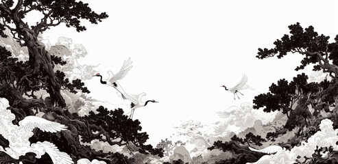 Poster - A minimalist illustration depicting cranes flying amidst stylized trees and clouds in black and white, representing harmony with nature for graphic resources.