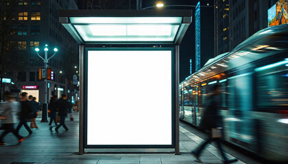Poster - A blank billboard in an urban setting, surrounded by blurred motion of people and vehicles, creating a sense of city life for technology.