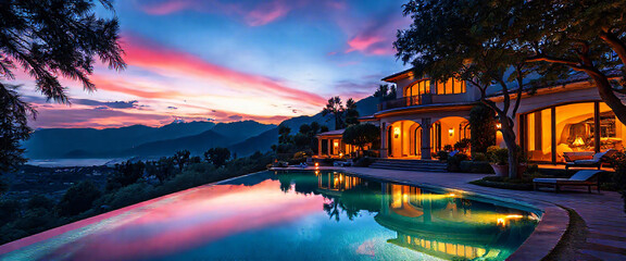 Poster - A luxurious house with an inviting pool at sunset, reflecting vibrant colors in the water and showcasing stunning architecture for real estate.