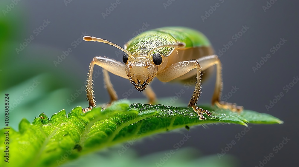 The bug on the plant is small and green, with six legs and a segmented ...
