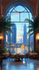 Poster - A view of a cityscape through a large arched window from a dining room with palm trees.