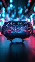 Fototapete - A VR headset with a futuristic digital display in the lenses,  set against a background of blurred colorful lights.