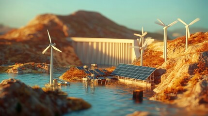 Wall Mural - Solar Panels with Wind Turbines, and Hydro Dam Cinematic view