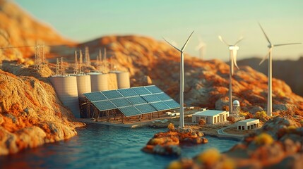 Wall Mural - Solar Panels with Wind Turbines, and Hydro Dam Cinematic view