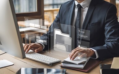 Poster - Digital  Data Management:  A businessman diligently manages digital files, a representation of modern data security, organization, and efficient workflow. The image conveys a sense of control.