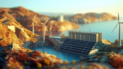 Wall Mural - Solar Panels with Wind Turbines, and Hydro Dam Cinematic view