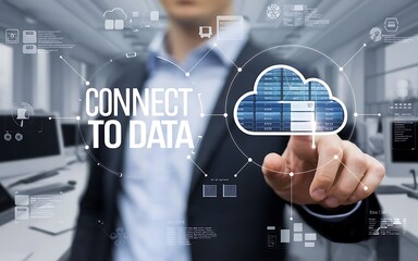 Poster - Connect to Data, a businessman in a sleek suit interacts with a cloud-based interface, symbolizing the seamless connection and access to information in the modern digital landscape.