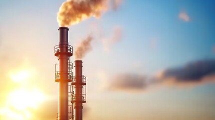 Industrial Smokestacks Releasing Emissions Against a Backdrop of a Sunset in a Pollution-Heavy Skyline of an Urban Environment