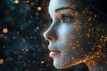 Poster - A woman's face with glowing particles, a concept of beauty and technology.
