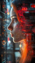 Fototapete - A woman's profile with a futuristic digital overlay.