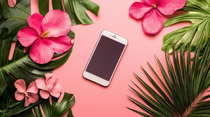 phone with flowers pink background