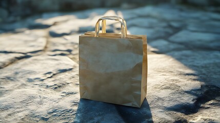 Wall Mural - Brown paper bag with handles on a stone background.