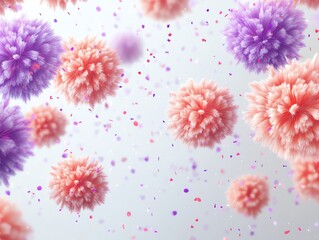 Poster - Abstract 3D render of fluffy pink and purple spheres with confetti.
