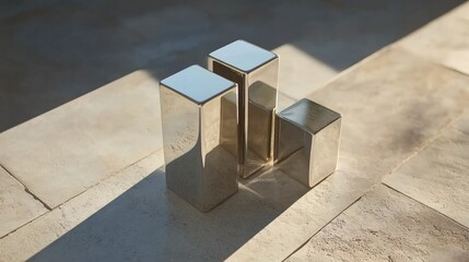 Aufkleber - Three Geometric Metallic Shapes on a Textured Surface, Casting Shadows in Natural Light, Ideal for Modern Design, Art, and Minimalist Aesthetic Projects
