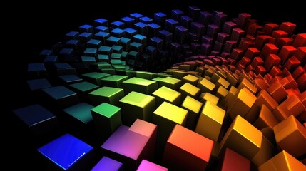 Poster - Vibrant Abstract 3D Pattern of Cubes Forming a Colorful Spiral with a Black Background, Showcasing a Spectrum of Bright Colors and Depth in an Amorphous Design