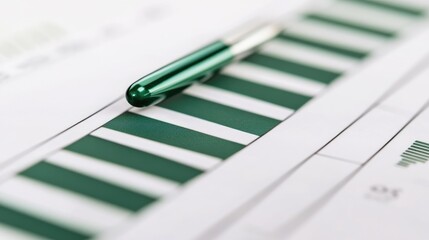 Poster - Close-up of a green pen resting on a financial report, highlighting green striped graphs and data analysis for a professional business presentation