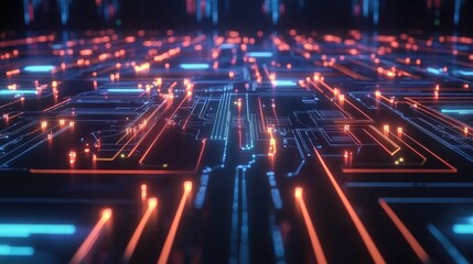 Poster - Abstract digital background showcasing futuristic circuit board patterns with glowing neon lights, perfect for technology, innovation, and digital art concepts.