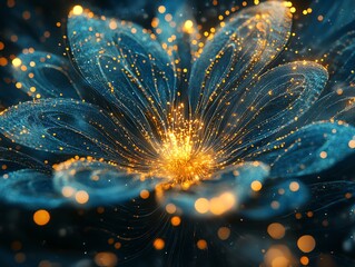 Poster - Abstract glowing blue flower with gold glitter.