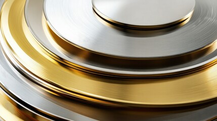 Poster - Symbolic Representation of Success and Achievement with Layered Circular Metallic Discs in Elegant Gold and Silver Finishes on a Reflective Surface