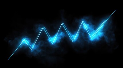 Poster - Blue Neon Graph Rising on a Black Background with Light Smoke Effect, Representing Economic Growth, Financial Success, and Digital Data Analysis