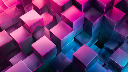 Poster - Abstract 3D cubes, stacked and interlocking in a complex geometric pattern, illuminated by soft lighting with a dark, moody background.
