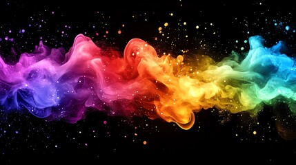 Poster - Abstract rainbow smoke with sparkles on a black background.