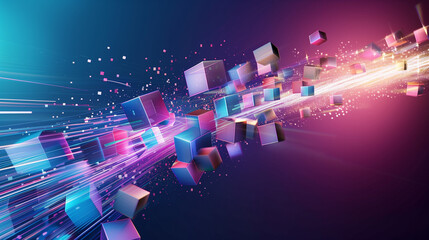 Poster - abstract background 3d design of cubes in shades of blue and purple, scattered in a dynamic, swirlin