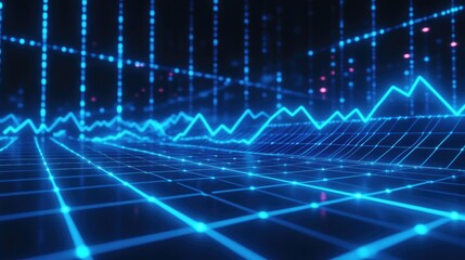 Poster - Futuristic Data Visualization with Glowing Blue Graphs on Dark Background for Technology, Finance, and Analytics Application