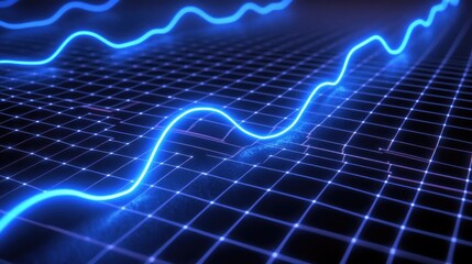 Poster - Abstract blue wave patterns on a dark grid background representing data visualization, technology concepts, modern design aesthetics, and digital communication in futuristic environments