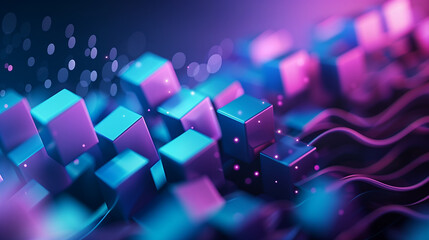 Poster - Abstract background 3D design of cubes in shades of blue and purple, scattered in a dynamic, swirling motion with a glowing effect, against a dark gradient background.
