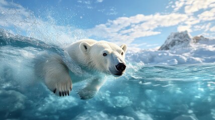 a polar bear diving into a crystal-clear arctic sea, capturing its powerful movements and playful na