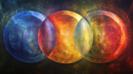 Poster - Abstract Color Mixing with Three Overlapping Circular Shapes Representing Vibrant Blue, Orange, and Yellow Tones in a Soft Ethereal Background for Artistic Use