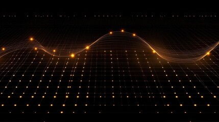 Poster - Abstract waves of glowing golden particles over a dark background, showcasing a dynamic flow of light with intricate grid lines and shimmering effects.
