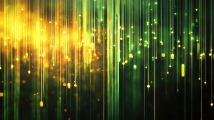Poster - Abstract digital background with vertical lines and glowing particles, depicting a vibrant gradient of green and gold, ideal for technology or nature-themed designs