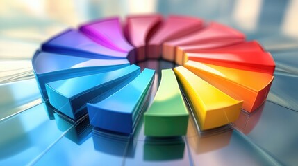 Poster - Colorful Abstract Geometric Shape in Circular Arrangement with Vibrant Shades of Red, Yellow, Green, Blue, and Purple Displaying Modern Artistic Design in a Bright Background