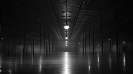 Poster - Dimly Lit Industrial Space with Long Shadows and Reflection on Polished Concrete Floor, Ideal for Abstract Photography and Background Usage