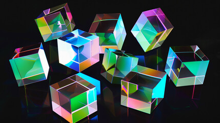 Poster - Floating 3D cubes with sharp, clean lines, each reflecting neon light in shades of green, blue, and pink, set against a black background.