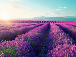 Wall Mural - A field of purple flowers under a clear sky. AI.