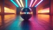 © SAQUEEN - A disco ball sits in a dark room with neon lights reflecting off its surface.